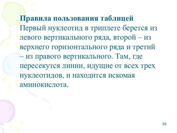 Правила пользования таблицей Первый нуклеотид в триплете берется из левого вертикального