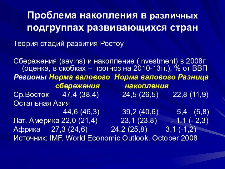 Проблема накопления в различных подгруппах развивающихся стран Теория стадий развития Ростоу