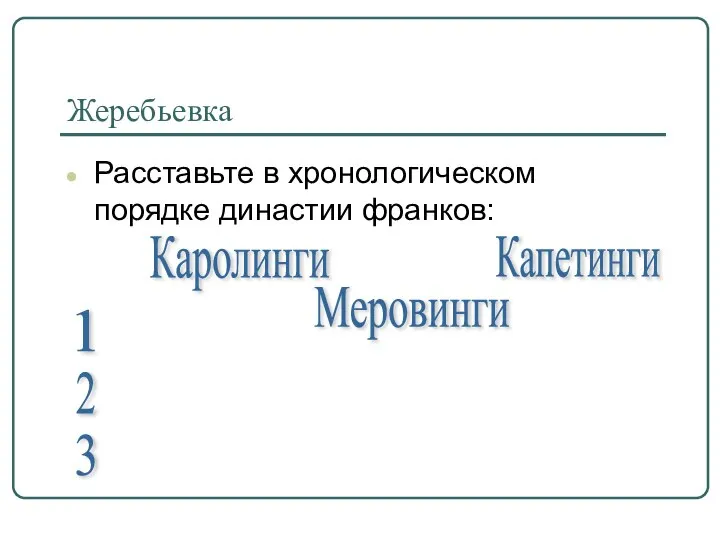 Жеребьевка Расставьте в хронологическом порядке династии франков: 1 2 3 Каролинги Капетинги Меровинги