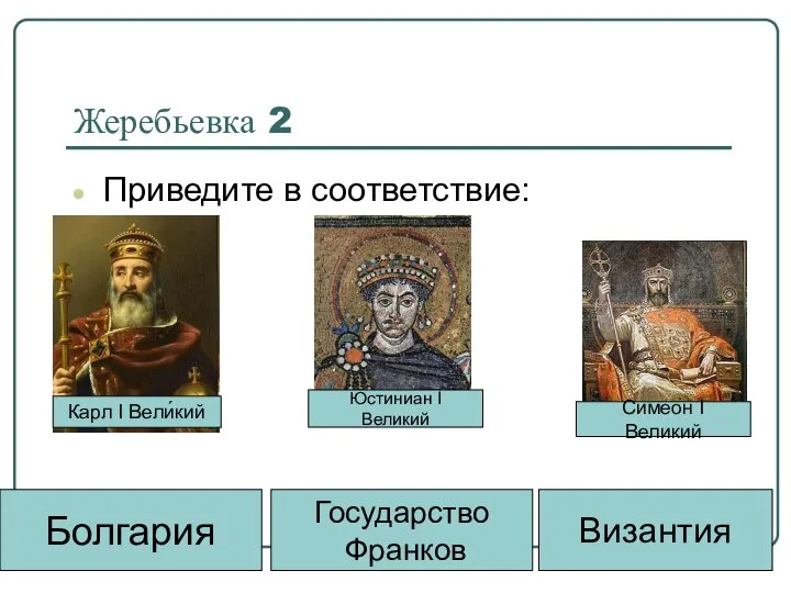 Жеребьевка 2 Приведите в соответствие: Византия Государство Франков Болгария