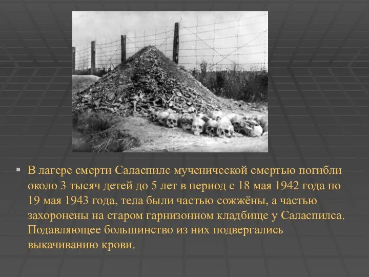 В лагере смерти Саласпилс мученической смертью погибли около 3 тысяч детей