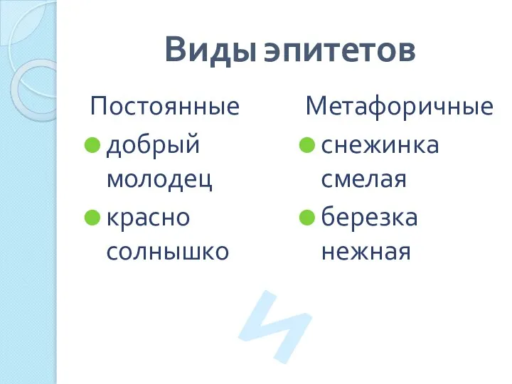 Виды эпитетов Постоянные добрый молодец красно солнышко Метафоричные снежинка смелая березка нежная И