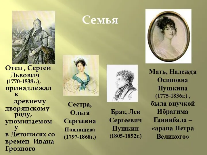 Семья Отец , Сергей Львович (1770-1838г.), принадлежал к древнему дворянскому роду,