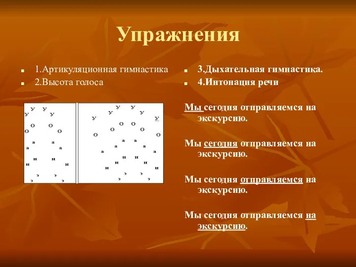 Упражнения 1.Артикуляционная гимнастика 2.Высота голоса 3.Дыхательная гимнастика. 4.Интонация речи Мы сегодня