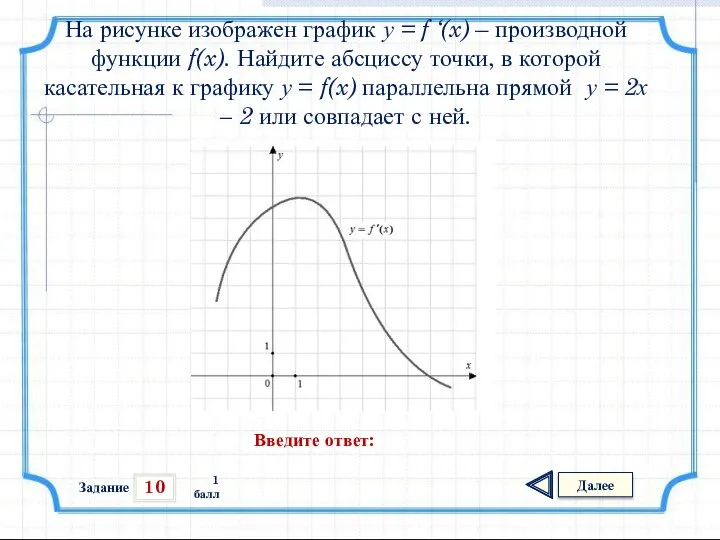 10 Задание Далее 1 балл Введите ответ: На рисунке изображен график