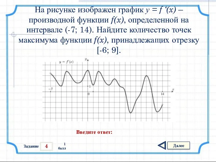 4 Задание Далее 1 балл Введите ответ: На рисунке изображен график