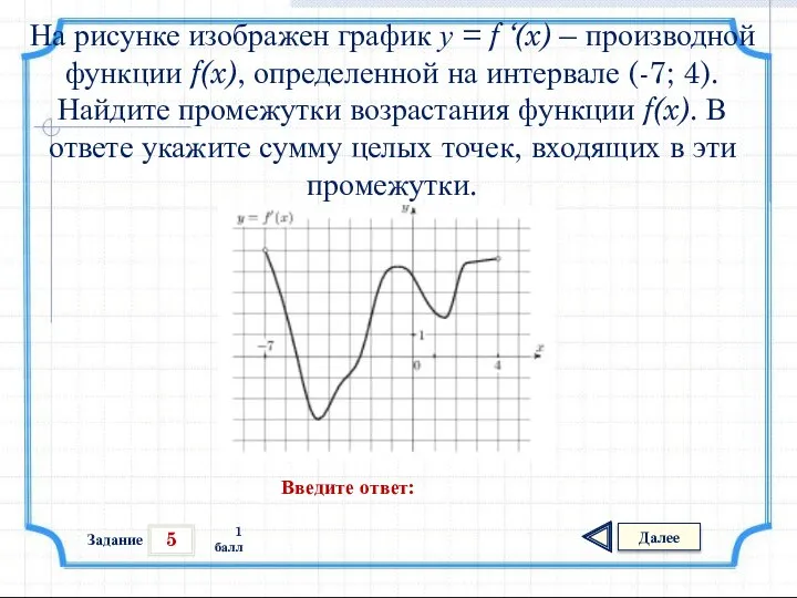5 Задание Далее 1 балл Введите ответ: На рисунке изображен график