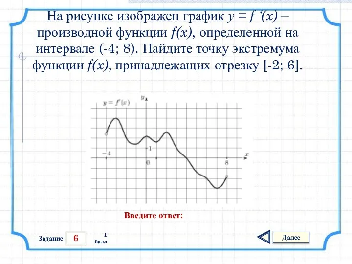 6 Задание Далее 1 балл Введите ответ: На рисунке изображен график