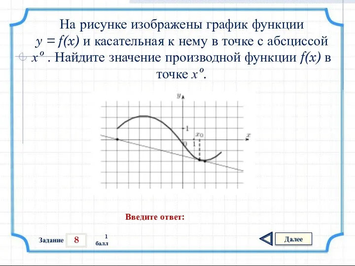 8 Задание Далее 1 балл Введите ответ: На рисунке изображены график