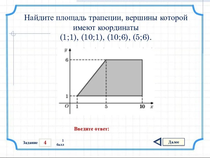 4 Задание Далее 1 балл Введите ответ: Найдите площадь трапеции, вершины