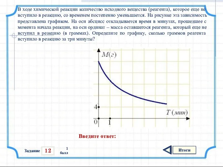 12 Итоги 1 балл В ходе химической реакции количество исходного вещества
