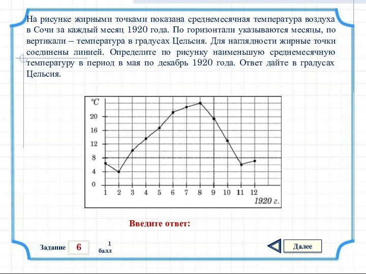 6 Задание Далее 1 балл Введите ответ: На рисунке жирными точками