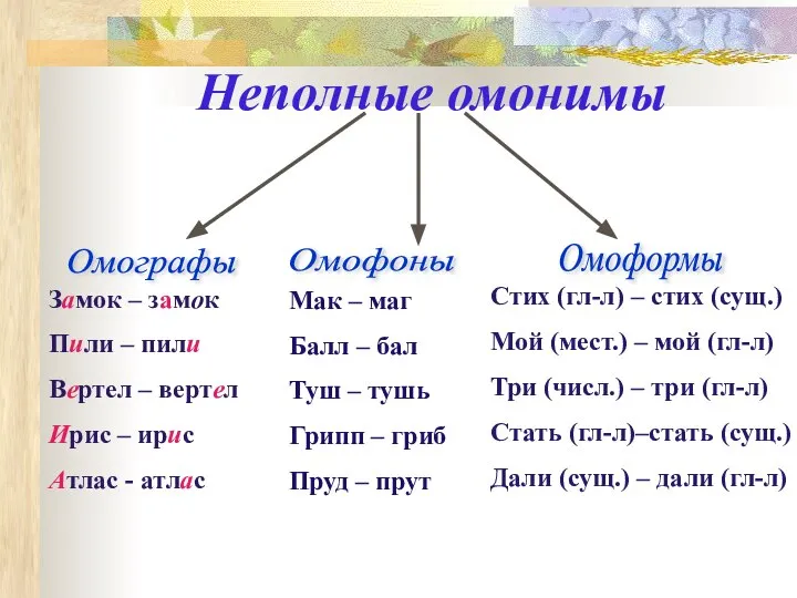 Неполные омонимы Замок – замок Пили – пили Вертел – вертел