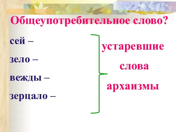 Общеупотребительное слово? сей – этот зело – очень вежды – веки