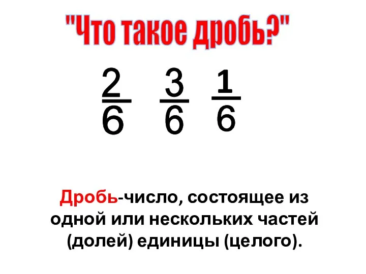 "Что такое дробь?" Дробь-число, состоящее из одной или нескольких частей (долей) единицы (целого).