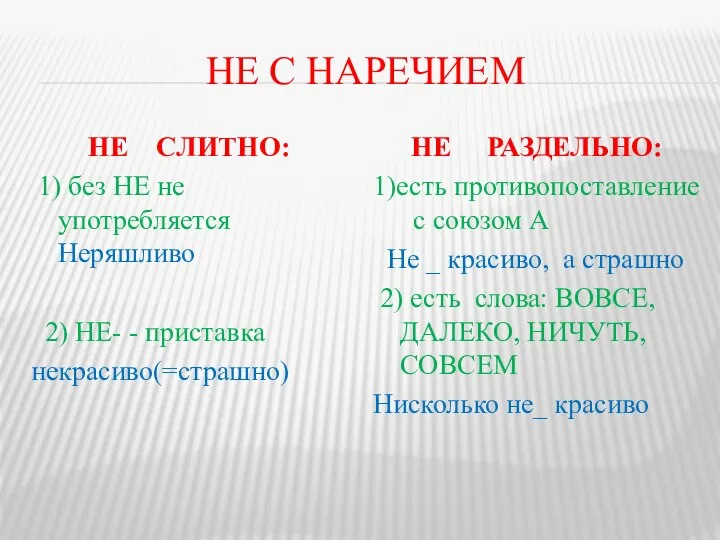 НЕ С НАРЕЧИЕМ НЕ СЛИТНО: 1) без НЕ не употребляется Неряшливо