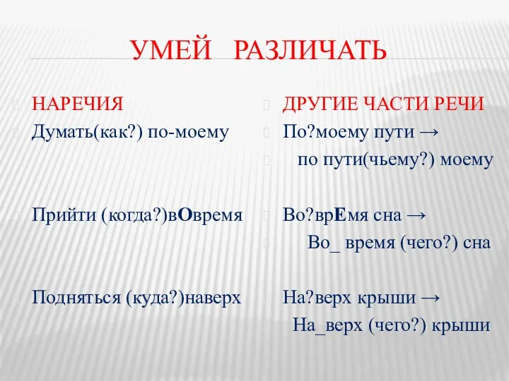 УМЕЙ РАЗЛИЧАТЬ НАРЕЧИЯ Думать(как?) по-моему Прийти (когда?)вОвремя Подняться (куда?)наверх ДРУГИЕ ЧАСТИ