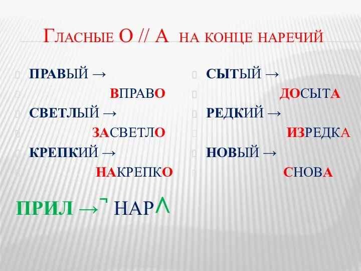 Гласные О // А на конце наречий ПРАВЫЙ → ВПРАВО СВЕТЛЫЙ