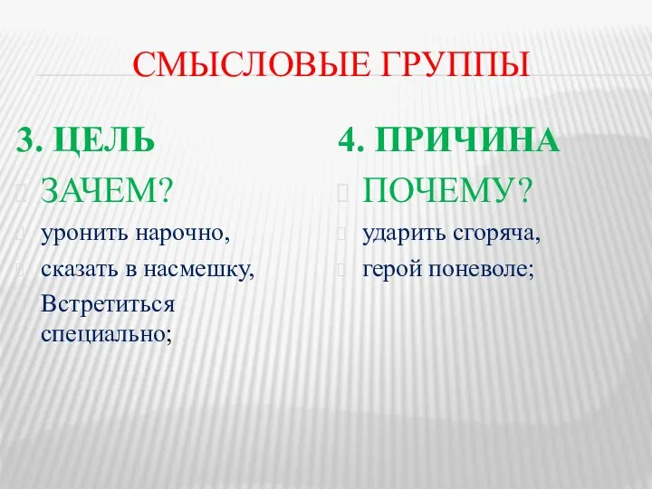 СМЫСЛОВЫЕ ГРУППЫ 3. ЦЕЛЬ ЗАЧЕМ? уронить нарочно, сказать в насмешку, Встретиться