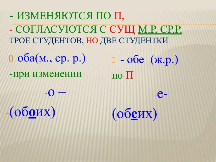 - изменяются по П, - согласуются с СУЩ м.р, ср.р. ТРОЕ