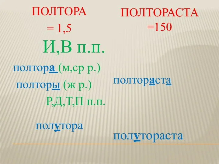 ПОЛТОРА = 1,5 ПОЛТОРАСТА =150 И,В п.п. полтора (м,ср р.) полторы