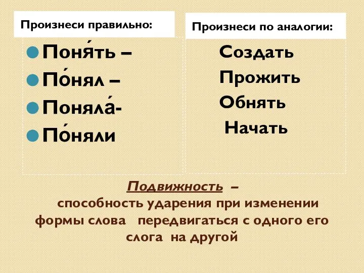 Подвижность – способность ударения при изменении формы слова передвигаться с одного