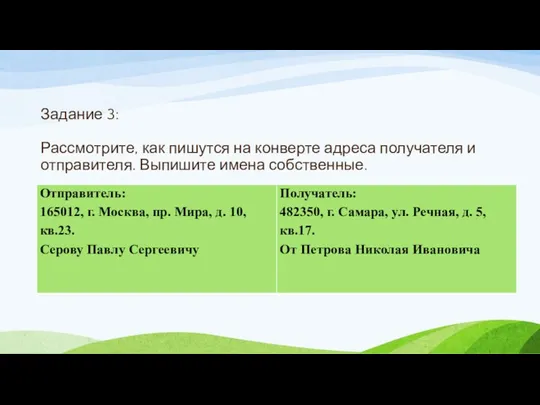 Задание 3: Рассмотрите, как пишутся на конверте адреса получателя и отправителя. Выпишите имена собственные.