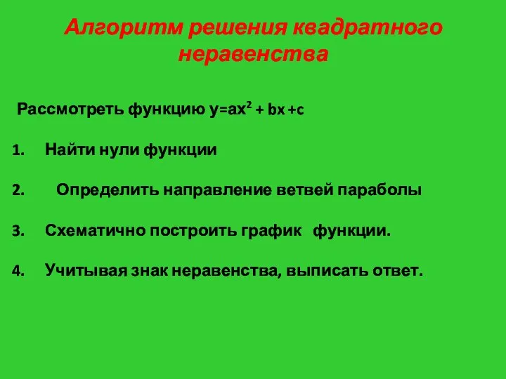 Алгоритм решения квадратного неравенства Рассмотреть функцию у=ах2 + bx +c Найти