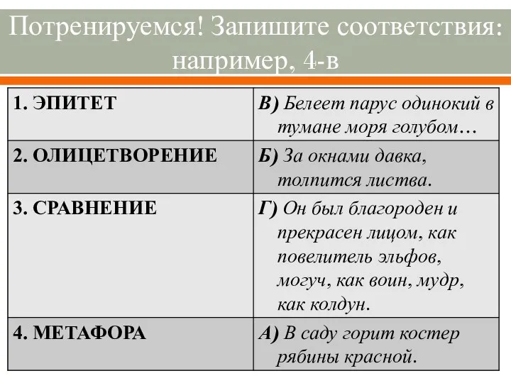 Потренируемся! Запишите соответствия: например, 4-в