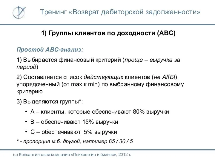 1) Группы клиентов по доходности (ABC) Простой ABC-анализ: 1) Выбирается финансовый