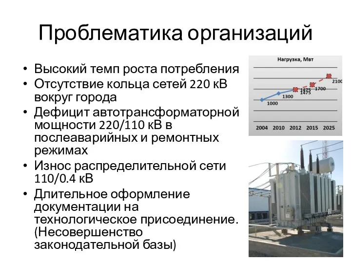 Проблематика организаций Высокий темп роста потребления Отсутствие кольца сетей 220 кВ