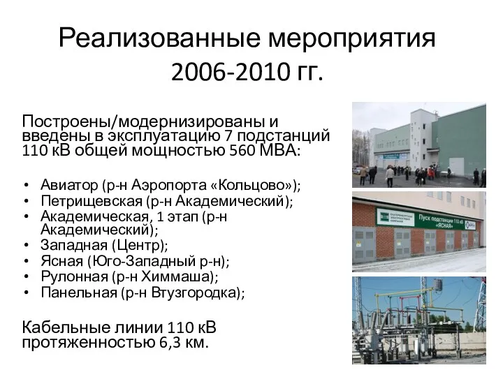 Реализованные мероприятия 2006-2010 гг. Построены/модернизированы и введены в эксплуатацию 7 подстанций