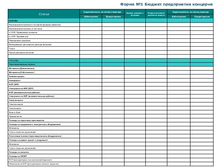 Форма №1 Бюджет предприятия концерна