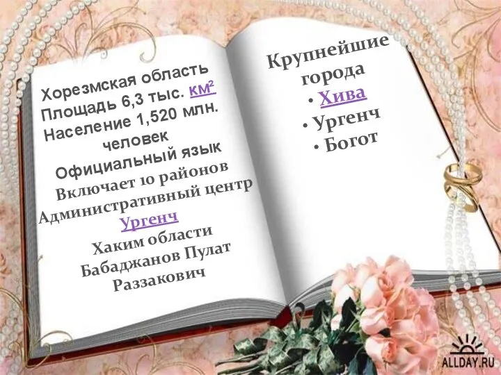 Хорезмская область Площадь 6,3 тыс. км² Население 1,520 млн. человек Официальный