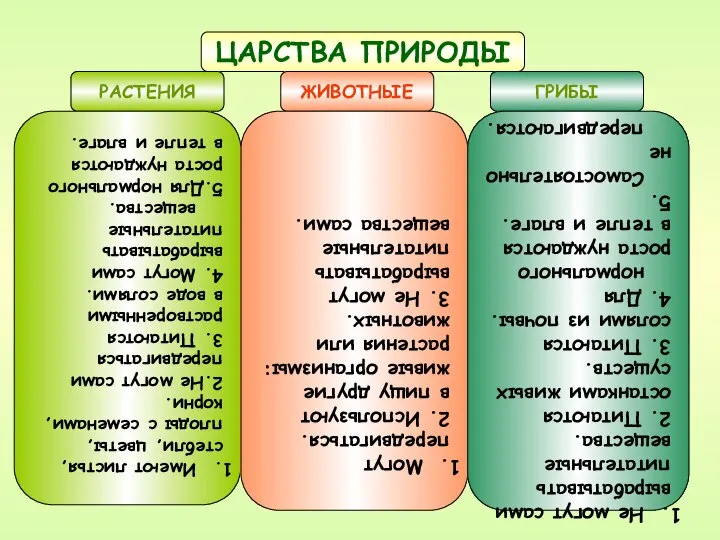 ЦАРСТВА ПРИРОДЫ РАСТЕНИЯ ЖИВОТНЫЕ ГРИБЫ Имеют листья, стебли, цветы, плоды с