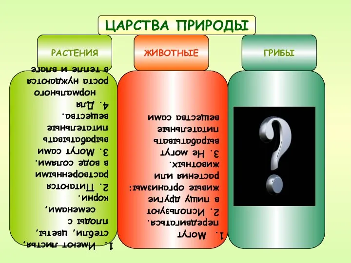 ЦАРСТВА ПРИРОДЫ РАСТЕНИЯ ЖИВОТНЫЕ ГРИБЫ Имеют листья, стебли, цветы, плоды с