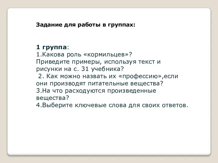 Задание для работы в группах: 1 группа: 1.Какова роль «кормильцев»? Приведите