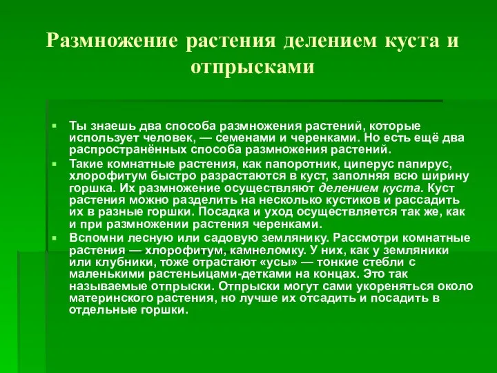 Размножение растения делением куста и отпрысками Ты знаешь два способа размножения