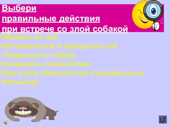 Выбери правильные действия при встрече со злой собакой Убежать от неё