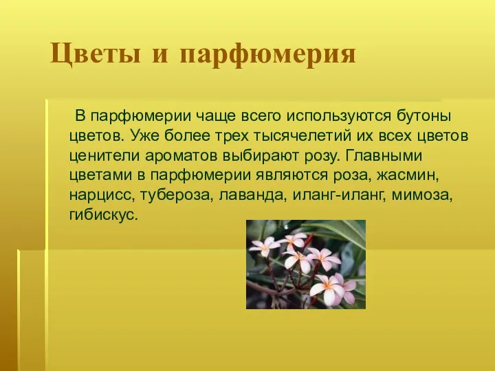 Цветы и парфюмерия В парфюмерии чаще всего используются бутоны цветов. Уже