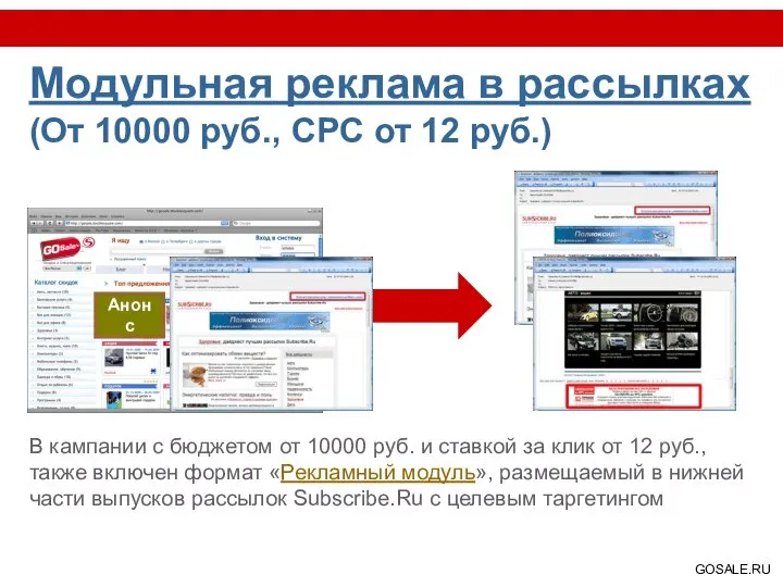 Модульная реклама в рассылках (От 10000 руб., CPC от 12 руб.)
