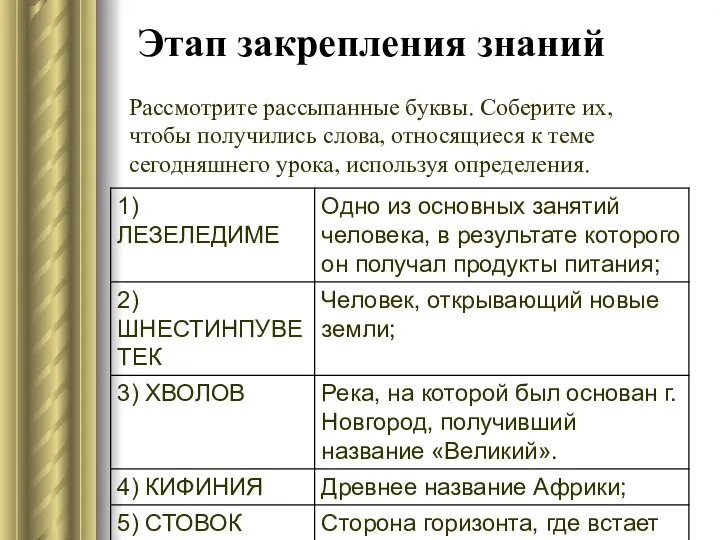 Этап закрепления знаний Рассмотрите рассыпанные буквы. Соберите их, чтобы получились слова,