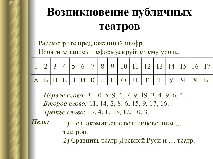 Возникновение публичных театров Первое слово: 3, 10, 5, 9, 6, 7,