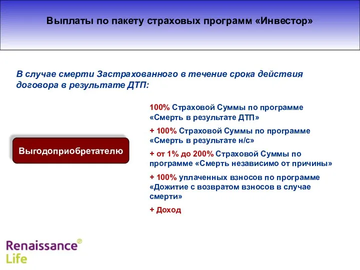 Выплаты по пакету страховых программ «Инвестор» Выгодоприобретателю 100% Страховой Суммы по