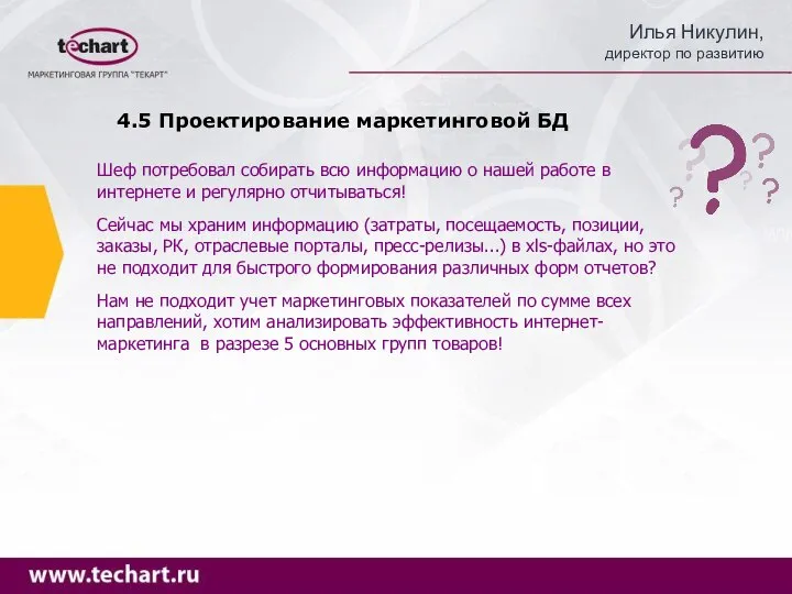 4.5 Проектирование маркетинговой БД Шеф потребовал собирать всю информацию о нашей