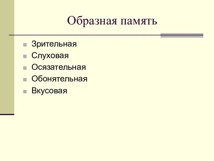 Образная память Зрительная Слуховая Осязательная Обонятельная Вкусовая