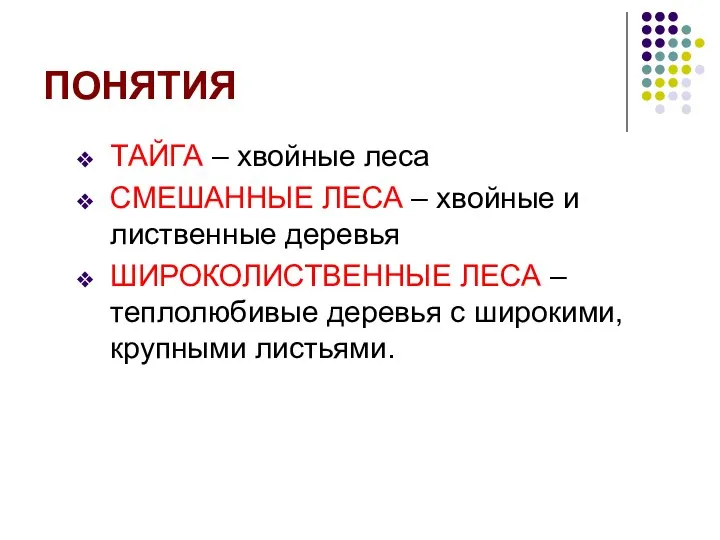 ПОНЯТИЯ ТАЙГА – хвойные леса СМЕШАННЫЕ ЛЕСА – хвойные и лиственные