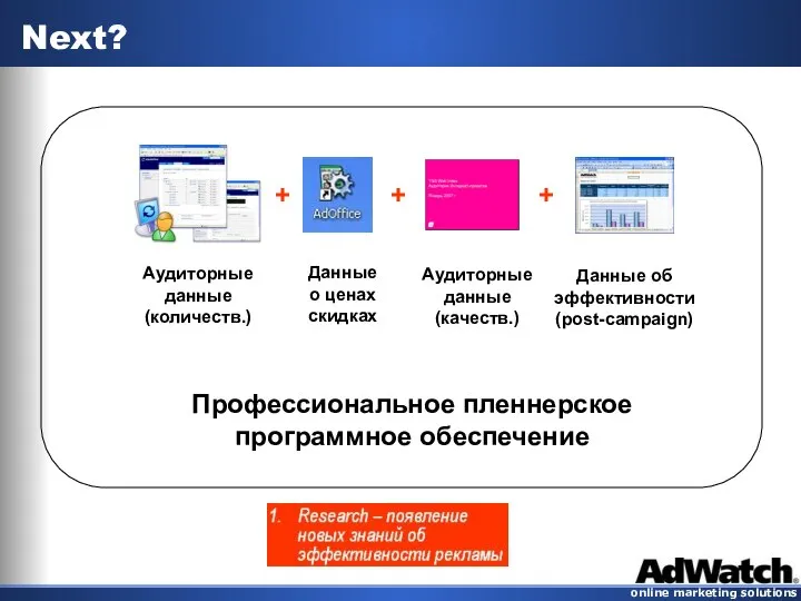 Next? Аудиторные данные (количеств.) Данные о ценах скидках Аудиторные данные (качеств.)