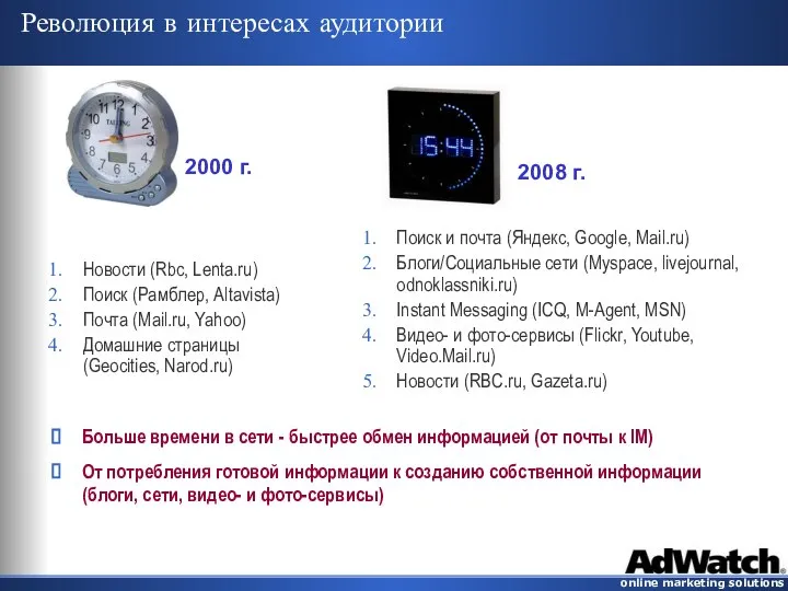 Революция в интересах аудитории Новости (Rbc, Lenta.ru) Поиск (Рамблер, Altavista) Почта