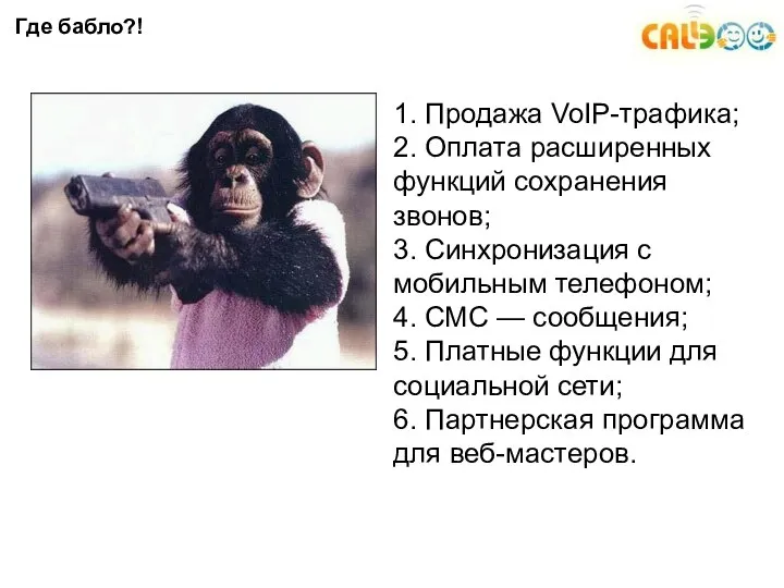 Где бабло?! 1. Продажа VoIP-трафика; 2. Оплата расширенных функций сохранения звонов;